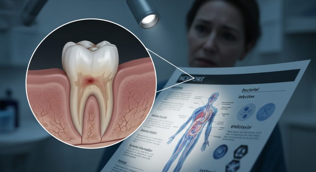 Image displaying a paper on root canal therapy safety misconceptions, a worried patient, and tooth with probable infection