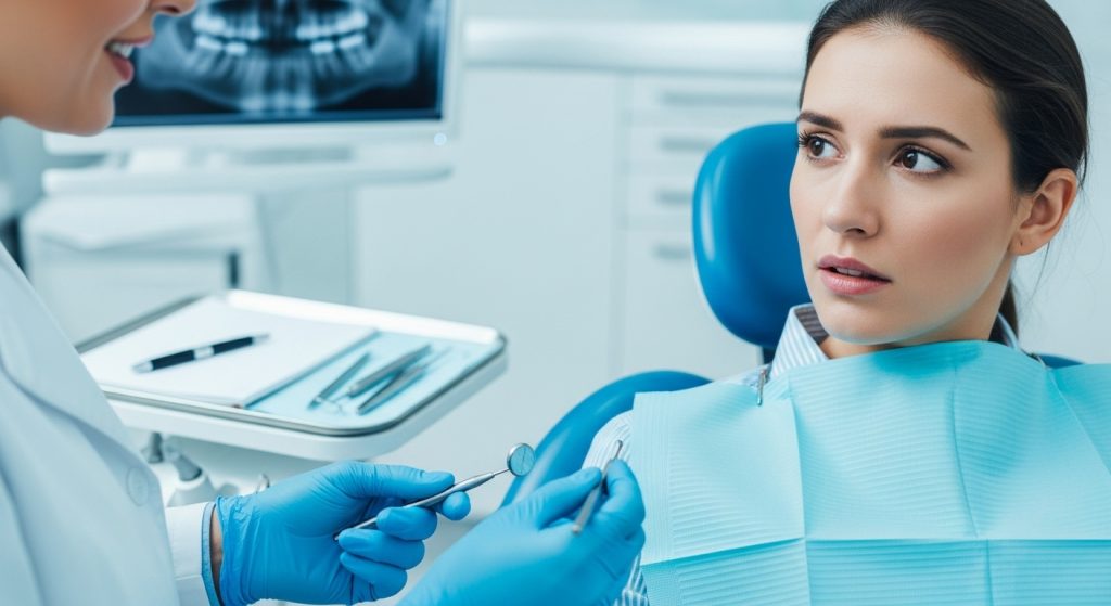 Image showing how a patient is listening to her dentist's explanation of her questions about the procedure.