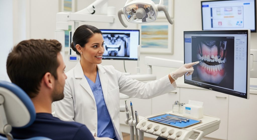 Image displaying a professional dentist explaining a procedure to a patient, while pointing at a monitor displaying the patient's jaw in detail, highlighting the importance of dentist's communication and knowledge 