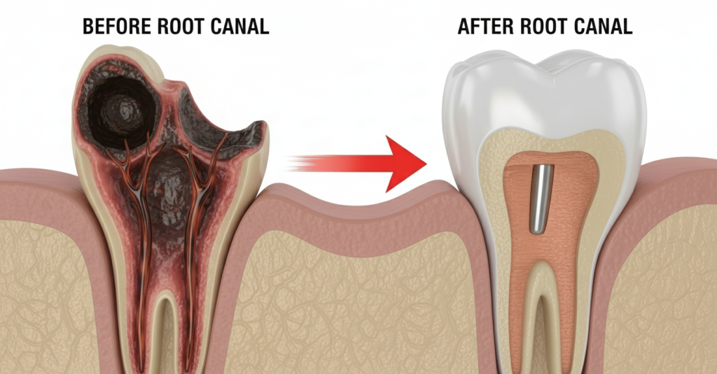Image displaying a decayed tooth before root canal therapy on the left, and a healthy tooth after root canal therapy one the right.