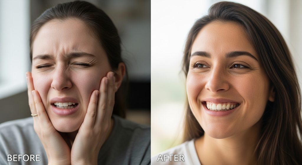 Split image showing a woman before, looking distressed and holding her jaw, and after root canal therapy, smiling calmly. "Before" and "after" labels highlight root canal therapy safety and its effectiveness.