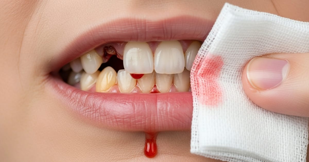 Close-up of a person's mouth with visible bleeding after tooth extraction, a drop of blood hangs from the lip, and a gauze pad stained with blood is held to the side.