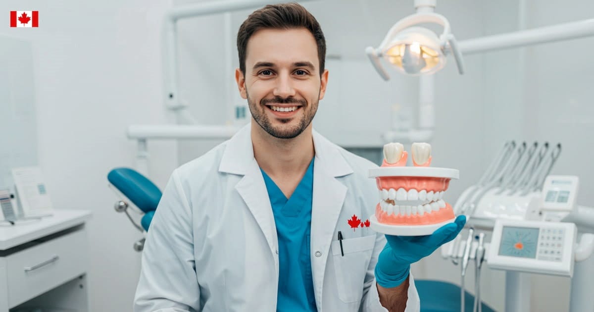 a dentist is holding a set of dentures and crowns showing CDCP coverage for crowns root canals and dentures.