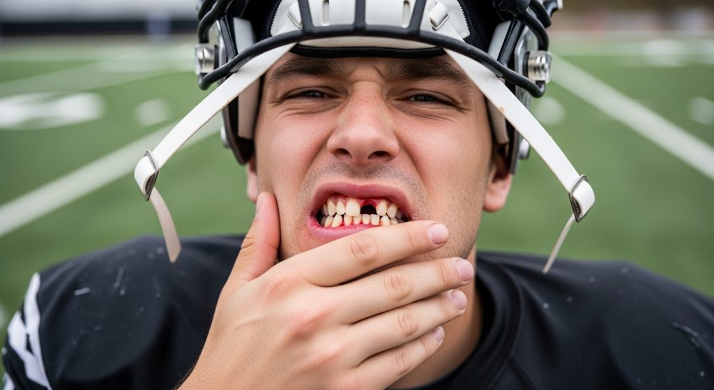 A football player with a distressed expression holding his jaw, showing a knocked out front tooth and bloody gums after experiencing some sports related dental injuries.