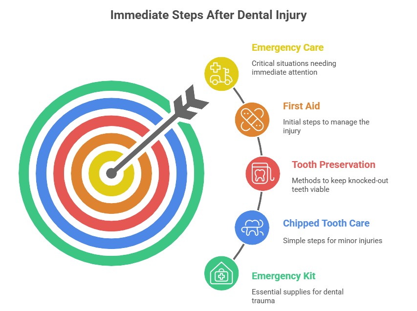 Infographic displaying the immediate steps for sports related dental injuries, such as emergency care, first aid, tooth preservation, chipped tooth care, and emergency kit
