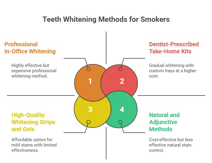 Infographic displaying methods for teeth whitening for smokers, such as in-office whitening, take-home kits, whitening strips and gels, and natural methods.