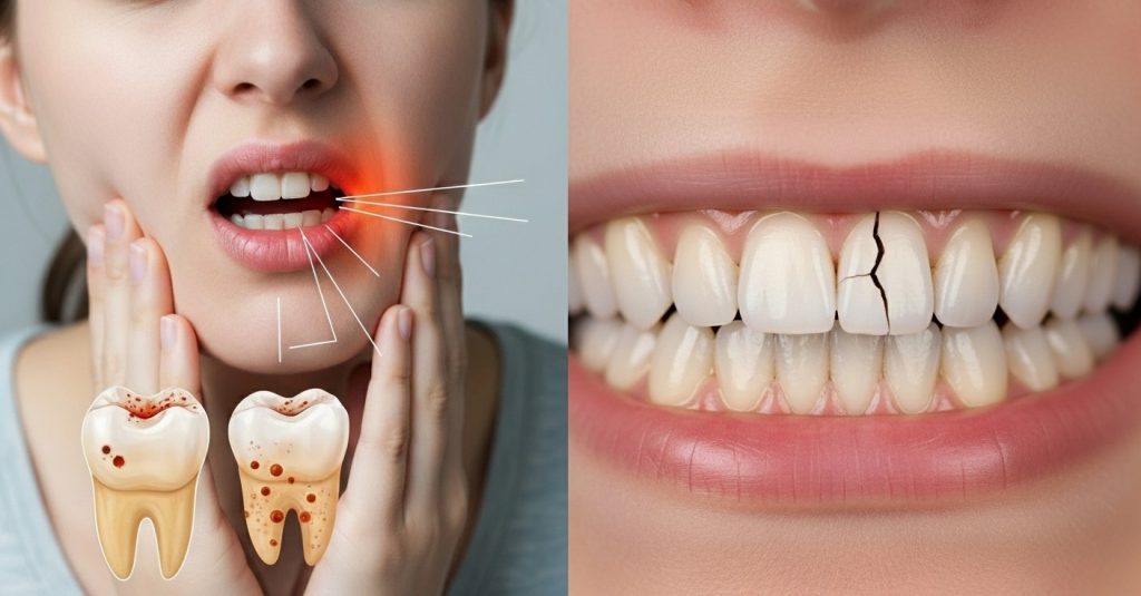 Split image displaying a suffering patient from toothache caused by bacterial infection on the right, and a cracked frontal tooth on the right