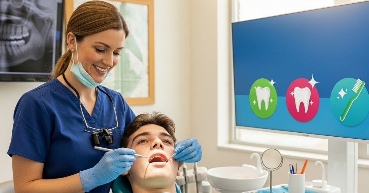Image displaying a dentist examining a patient, using tools while an X-ray and icons of teeth and a toothbrush are displayed in a modern dental office, highlighting how dental cleanings prevent emergencies.