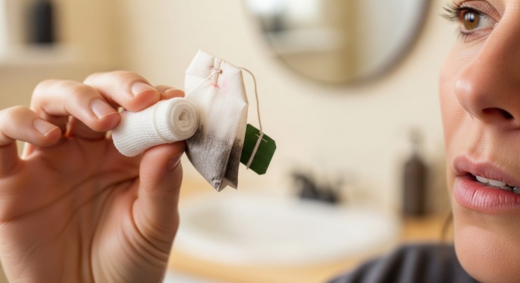 Close-up of a person's hand holding a rolled gauze and a tea bag, with part of their face and a bathroom sink in the background.