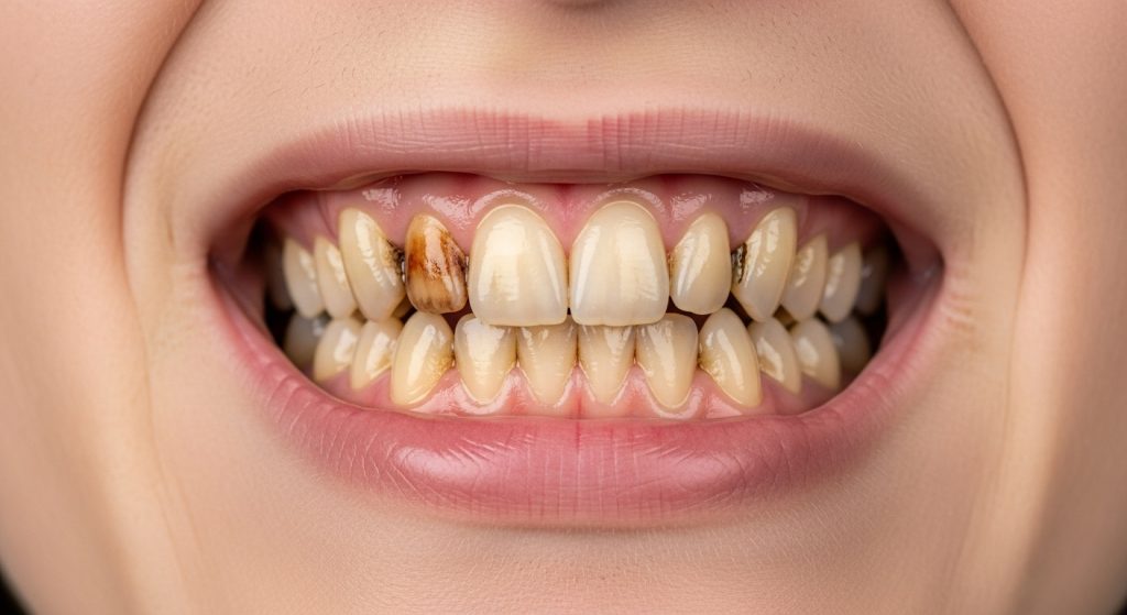 Close-up of severely stained and decayed teeth, highlighting the need for teeth whitening for smokers to restore a healthy, bright smile.
