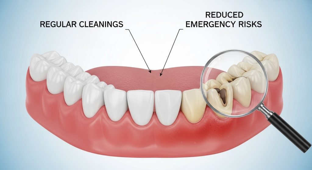 Image displaying lower jaw teeth, the left half have undergone regular dental cleanings and looks healthy while the right half is undertreated and includes cavities and pulp infection.