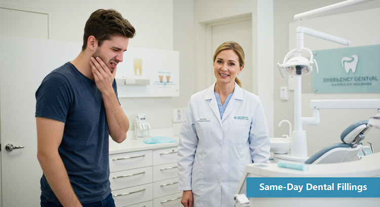 a patient is standing next to a dentist with a toothache, requiring a same-day dental filling.