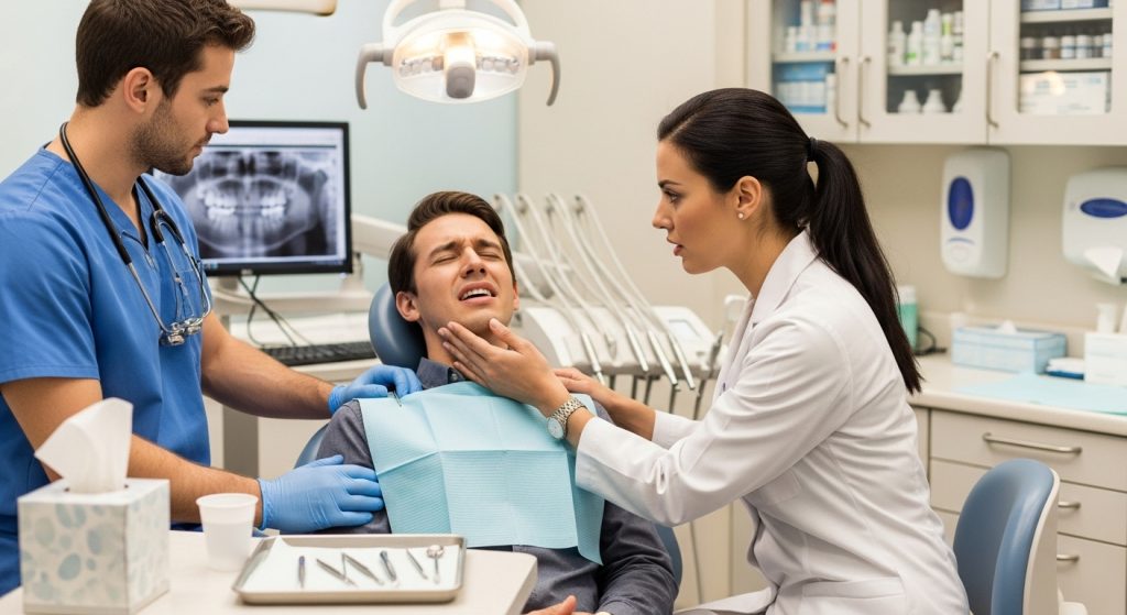 Young male patient grimaces in pain as a female dentist gently holds his jaw while a male dental assistant stands beside them.