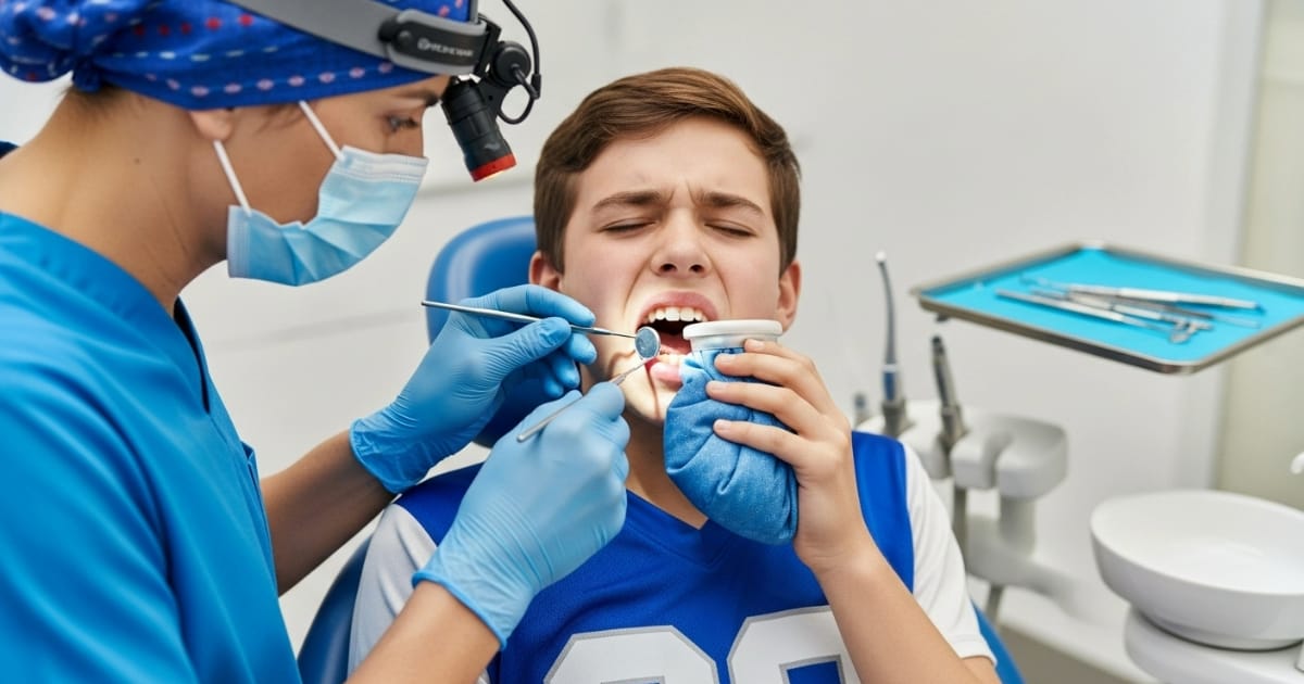 A dentist examines a boy holding an ice pack to his mouth demonstrating sports related dental injuries.