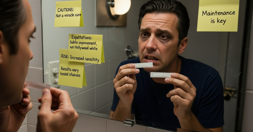 
A man struggling with yellowed teeth from smoking examines teeth whitening for smokers strips in the mirror, surrounded by sticky notes detailing cautions and risks.