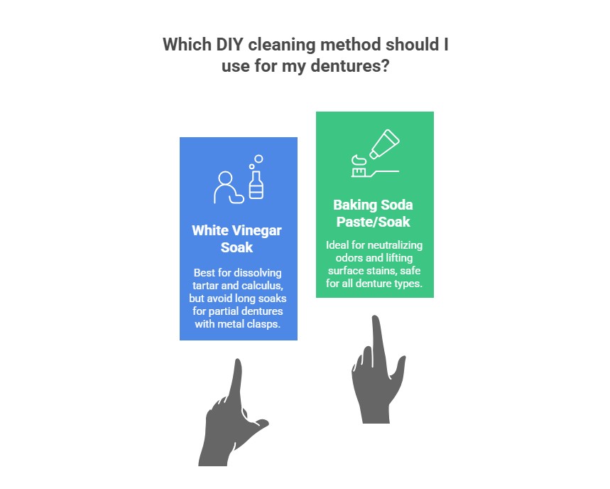 Infographic displaying the best dentist-approved DIY methods to clean dentures at home, including white vinegar soak and baking soda paste/soak.