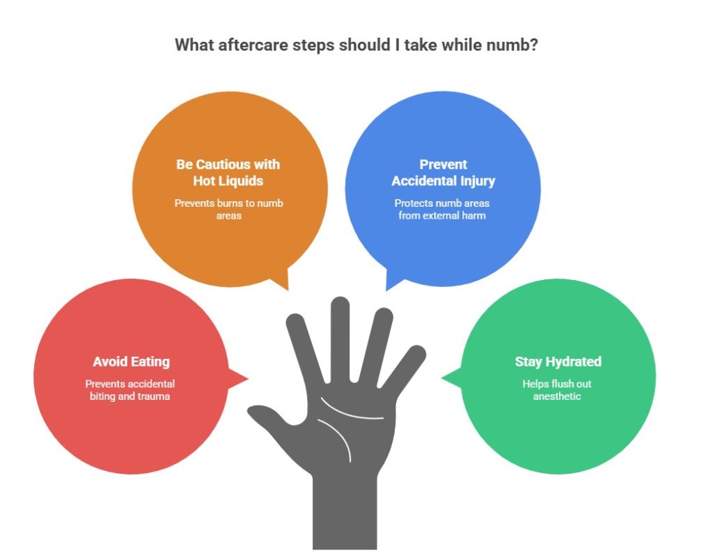 Infographic displaying tips for after the dental numbing duration, such as avoiding eating and hot drinks, staying hydrated, and preventing injuries.