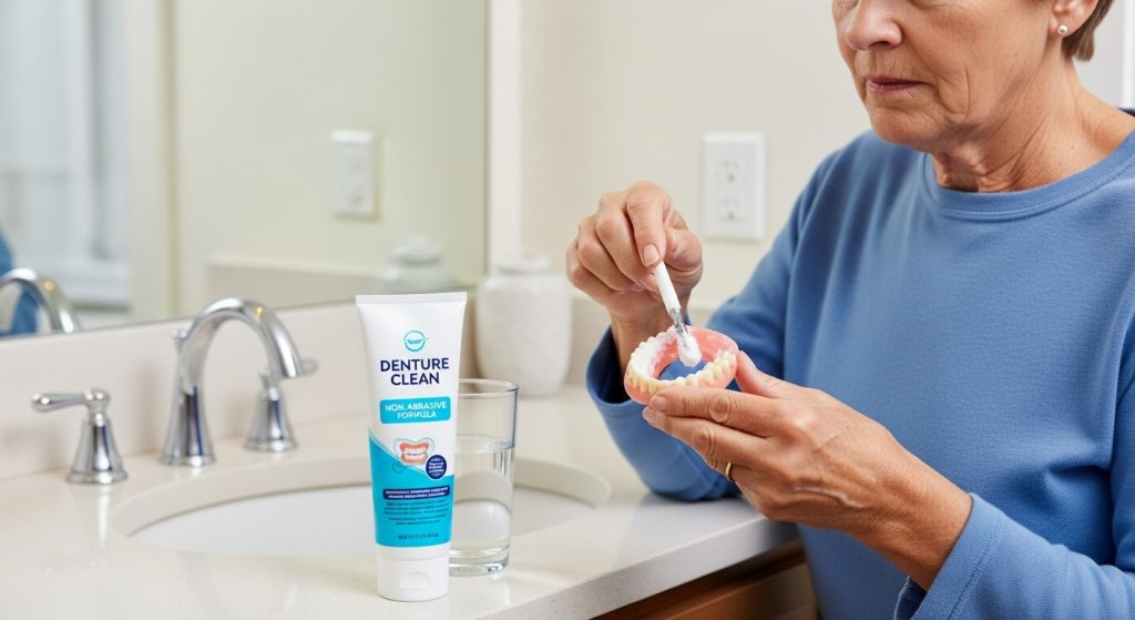 Image shows a woman brushing her dentures with a non-abrasive denture cleaning paste in a bathroom, demonstrating effective daily denture care.