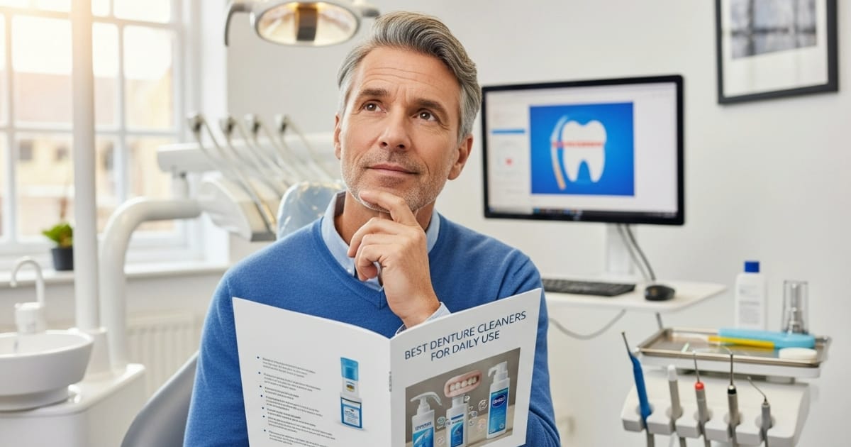 A thoughtful patient reviews a brochure on the best denture cleaners for daily use while sitting in a modern dental office.