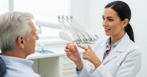 A friendly dentist explains how to clean dentures at home to an older patient, holding up a set of clean dentures for demonstration.