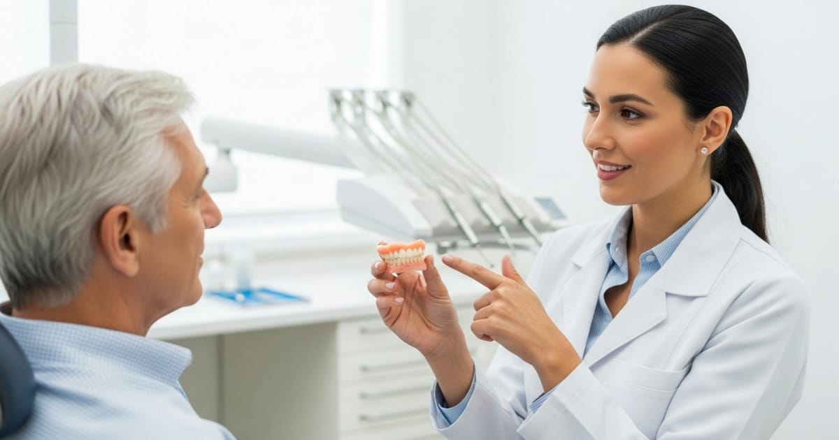 A friendly dentist explains how to clean dentures at home to an older patient, holding up a set of clean dentures for demonstration.