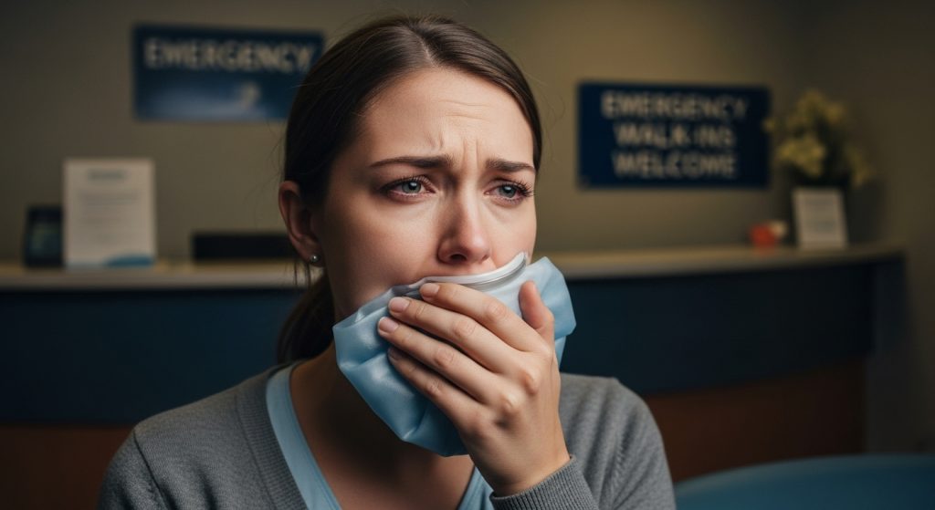 A distressed woman with an ice pack on her cheek awaits urgent dental care in North York in what appears to be an emergency room or dental clinic waiting area.