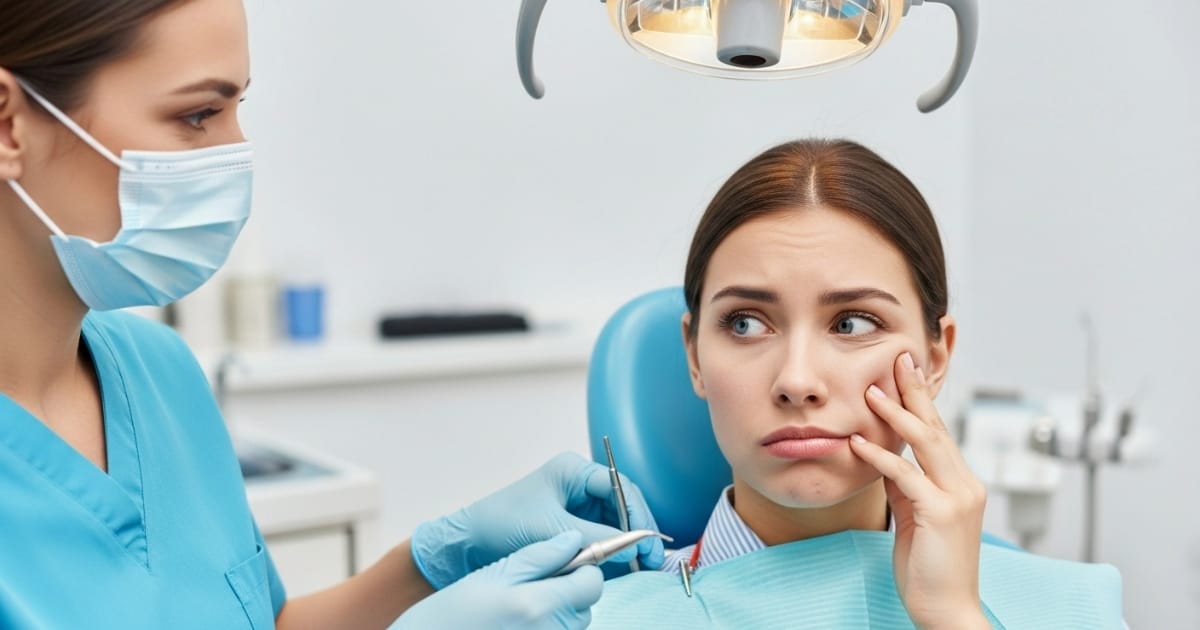 A concerned female patient in a dental chair holds her cheek and grimaces at the lingering effects of local dental numbing duration.