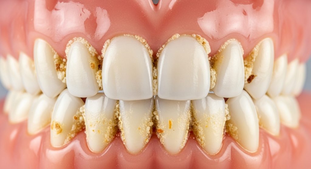 Image shows a close-up of a denture model with visible plaque and tartar buildup on teeth and gumline. Highlight the need for best denture cleaners for daily use.