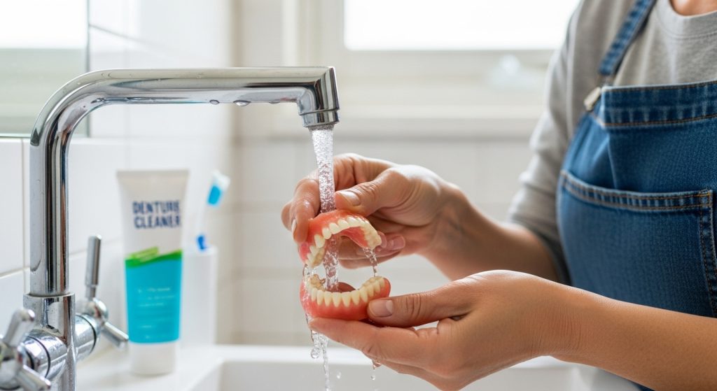 Image demonstrating a person that cleans dentures at home by rinsing them under a running faucet over a sink with denture cleaner and toothbrush visible.