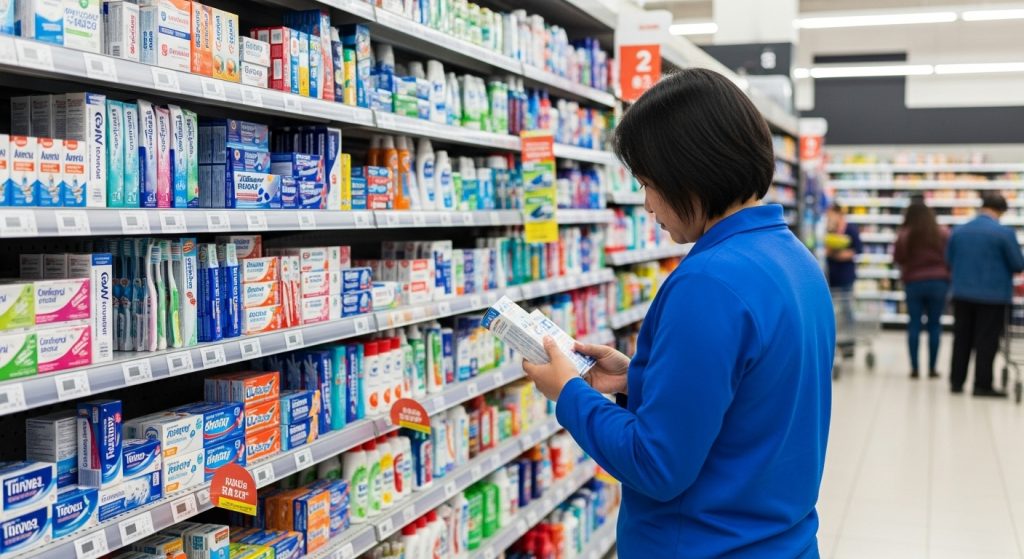 A person in a blue shirt looks at product labels in a pharmacy or supermarket aisle while shopping for supplies to clean dentures at home.