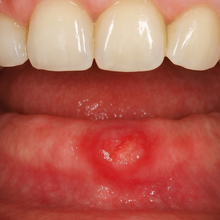 A close-up view of the lower gum showing redness and irritation beneath dentures, highlighting  denture sores in realistic detail.