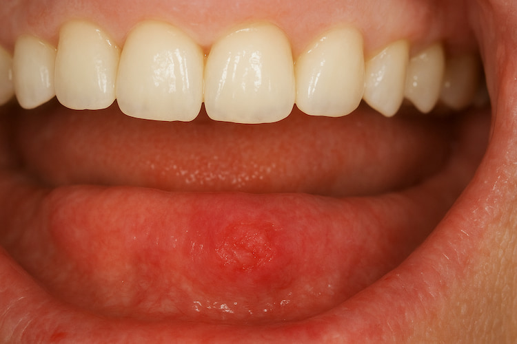 A detailed medical photo of mild gum irritation caused by new dentures, showing small red patches and slight inflammation on the gum line.