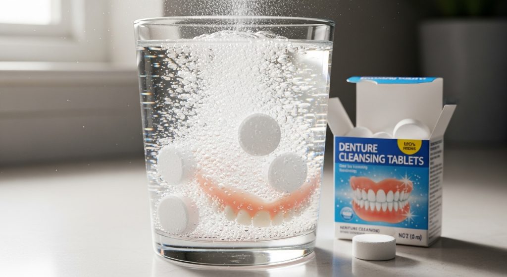 Image shows denture cleaning effervescent tablets fizzing in a glass of water with a denture soaking. An open box of denture cleansing tablets sits nearby, illustrating one of the best denture cleaners for daily use.