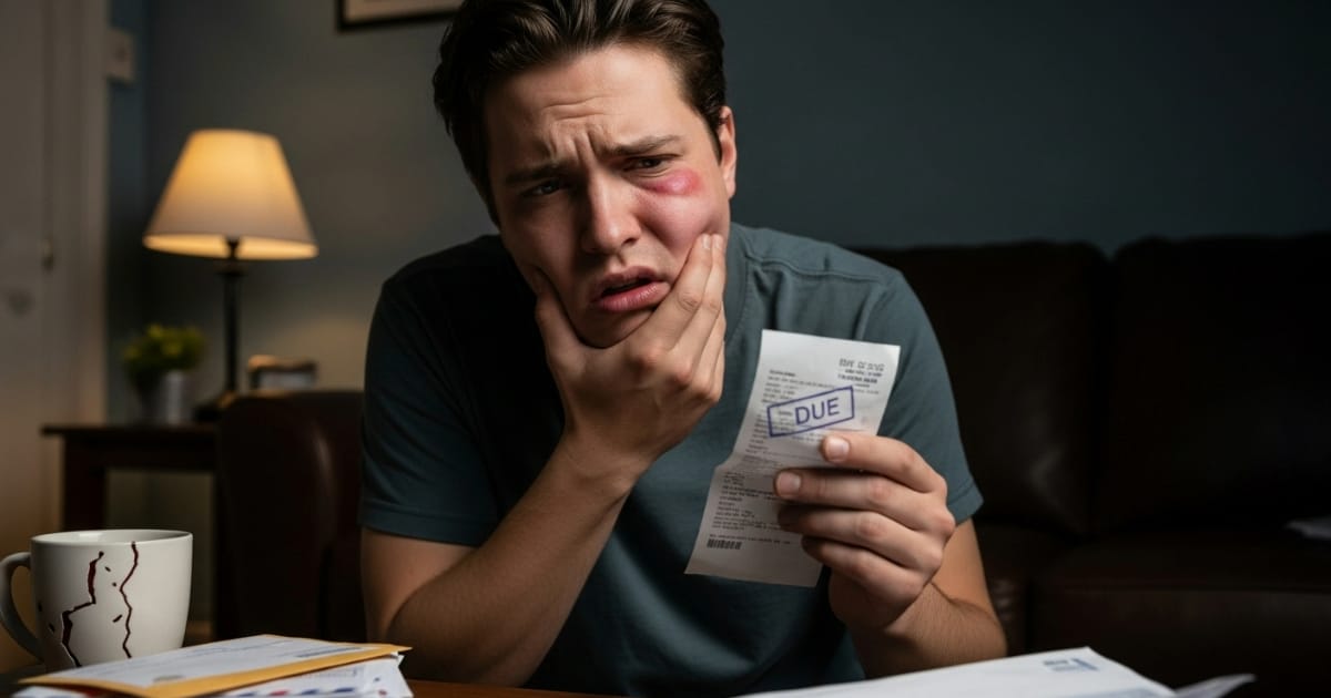 A man with a swollen cheek holds a "Due" bill, looking worried about emergency dental costs in Ontario.