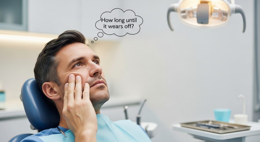 A patient sits in a dental chair, holding his numb cheek and thinking "How long until it wears off?" This illustrates dental numbing duration factors.