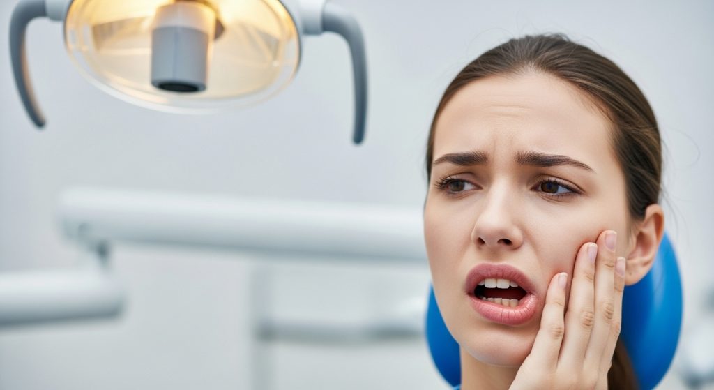 A young woman in a dental chair grimace, holding her jaw as if in discomfort or experiencing a strange sensation after dental numbing duration comes to an end.