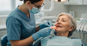 pictures of denture sores: a dentist gently examining an older patient’s dentures in a bright, modern dental clinic, showing professional care and comfort.