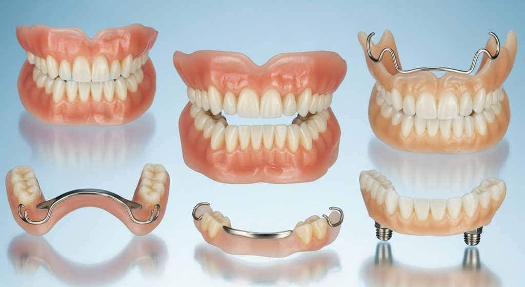 From left to right, a collection of full, partial, and implant-supported dentures demonstrating different styles and materials that require regular care to clean dentures at home.