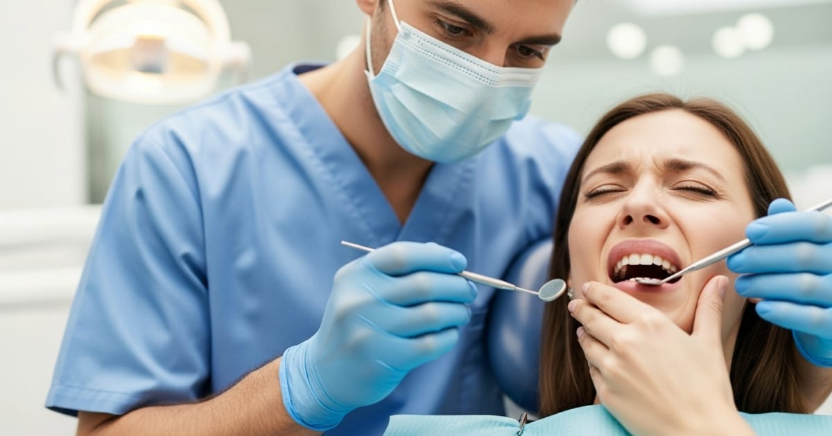 An anxious female patient holds her cheek while a male dentist in blue scrubs, mask, and gloves examines her mouth with dental tools, suggesting urgent dental care North York.