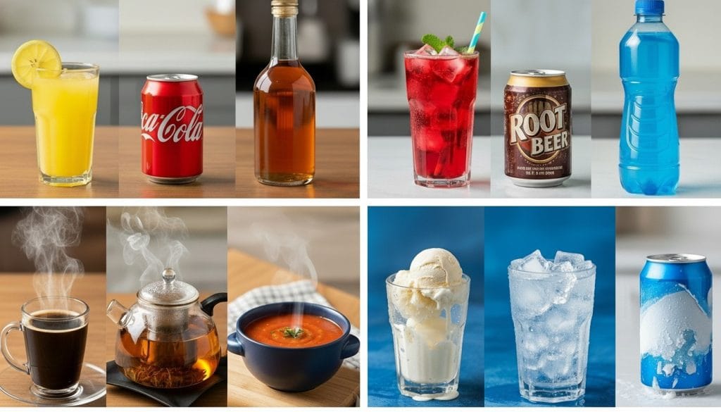 Grid of acidic, hot, and cold drinks/foods: soda, juice, tea, soup, ice cream, and iced drinks, examples of what not to eat after dental crown placement.