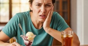 A woman winces, holding her jaw in pain after eating ice cream, illustrating sensitivity caused by an exposed tooth root.
