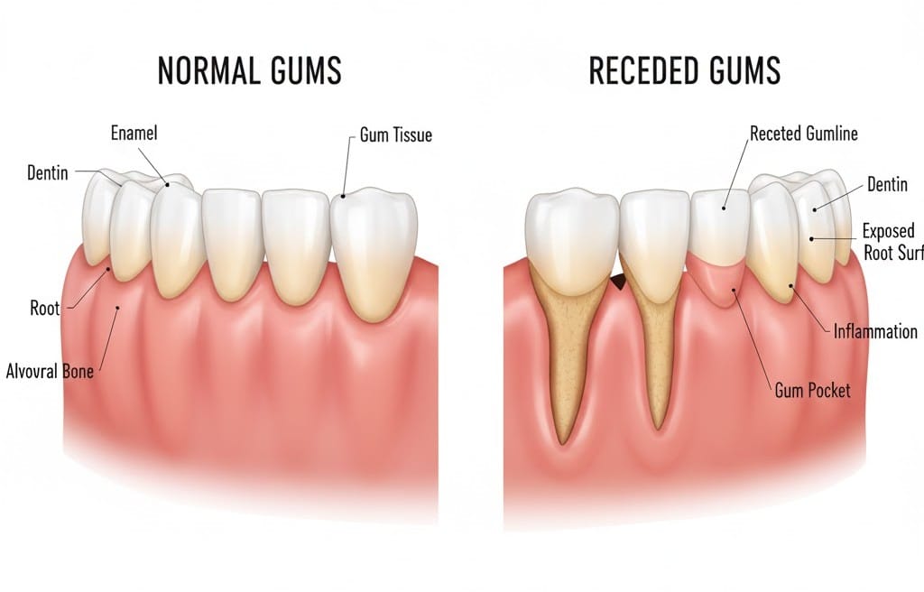 Detailed medical illustration comparing normal gums protecting the tooth root versus receded gums showing exposed tooth root surfaces, gum pockets, and bone loss.