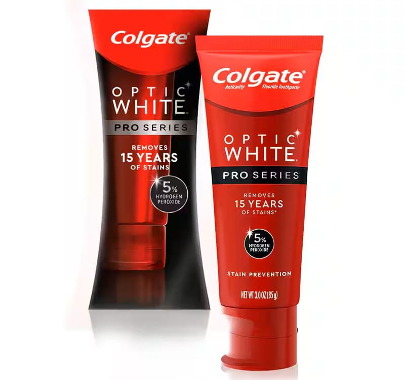 Image displaying the Colgate Optic White Pro Series toothpaste, one of the dentist-recommended toothpastes 2025.