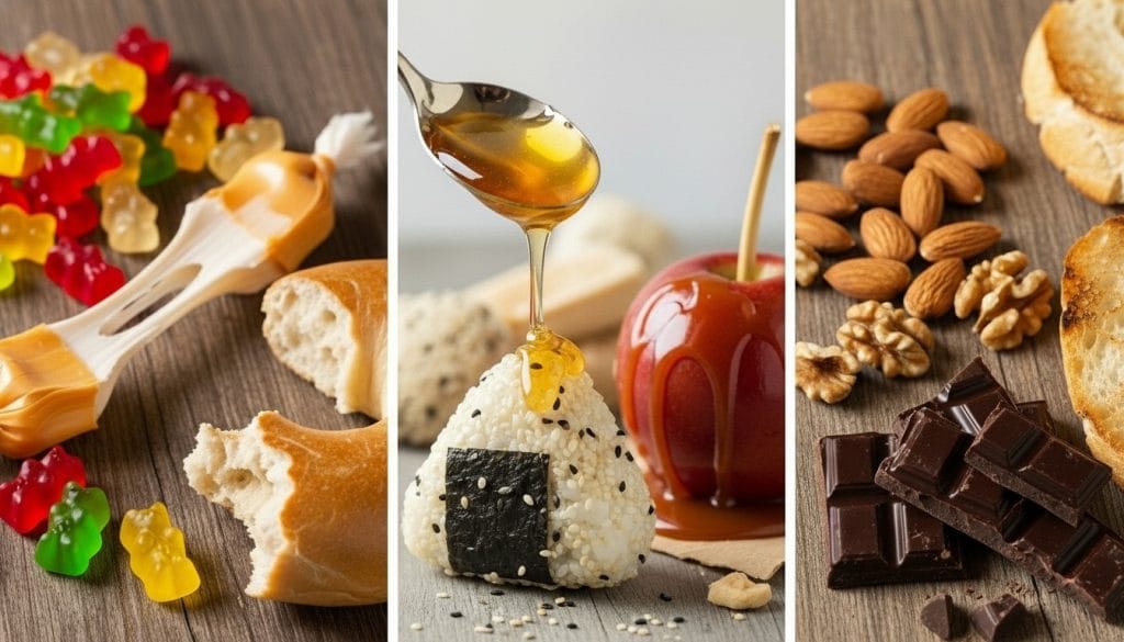 Triptych of sticky, chewy, and hard foods: gummy bears, caramel apple, nuts, and hard chocolate, examples of what not to eat after dental crown placement.