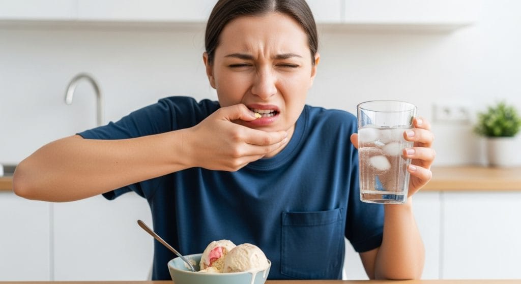 A person reacts sharply to cold water and ice cream, holding their mouth in pain due to severe tooth sensitivity from an exposed tooth root.