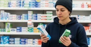 A woman in a navy hoodie and black beanie compares two boxes of "Dentist-Recommended Toothpastes 2025" on a pharmacy shelf.