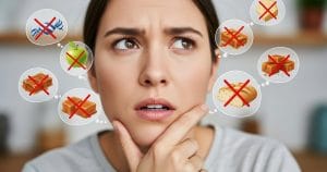 A woman looking confused with thought bubbles showing foods crossed out: hard candy, apple, caramel, bread, wondering what not to eat after dental crown placements.