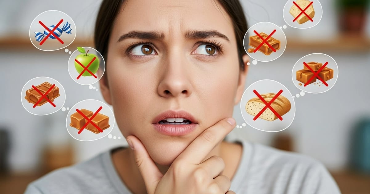 A woman looking confused with thought bubbles showing foods crossed out: hard candy, apple, caramel, bread, wondering what not to eat after dental crown placements.