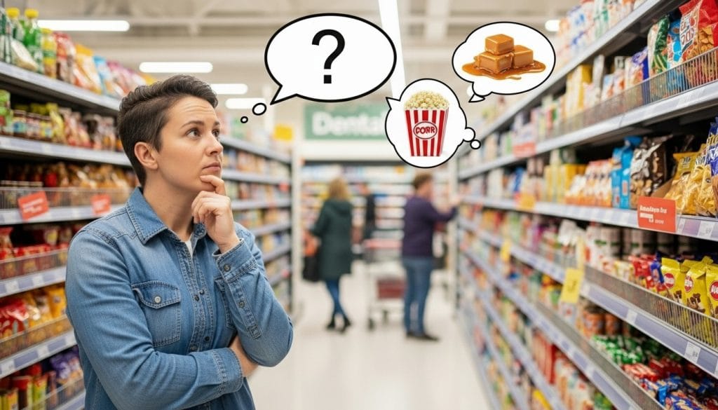 Woman in supermarket thinking about potentially harmful foods (popcorn and caramel) and what not to eat after dental crown procedures.