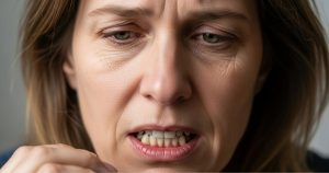 A close-up of a person showing visible gum recession and irritation, emphasizing the importance of fixing a loose gum flap for oral health.